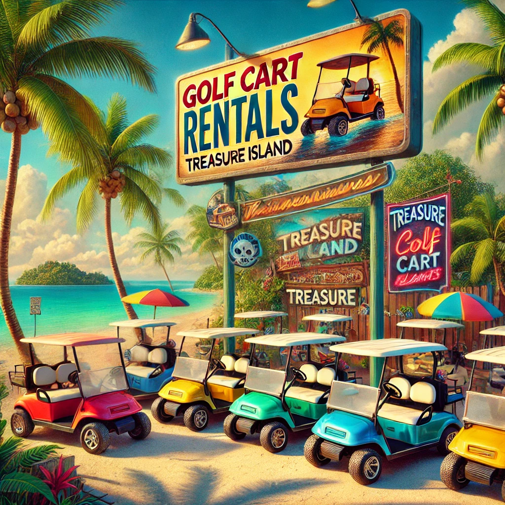 Featured Image-min (2) Golf cart rentals sign in Treasure Island with colorful golf carts lined up on a sandy beach, surrounded by palm trees and a vibrant tropical setting.